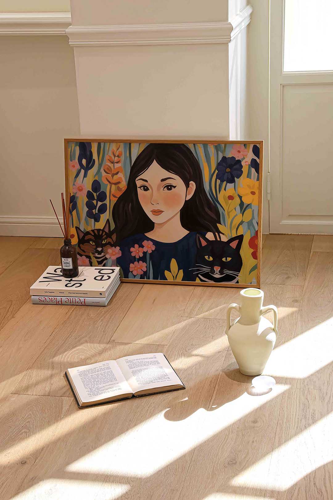 Vrouw met katten – liggende portret wanddecoratie van WallArtistic