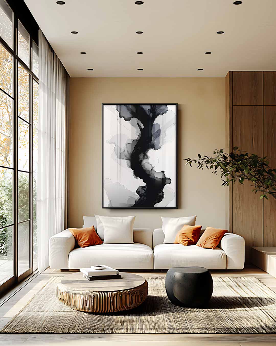Abstracte Grijs-zwarte Stroming – staande wandkunst voor woonkamer of interieur