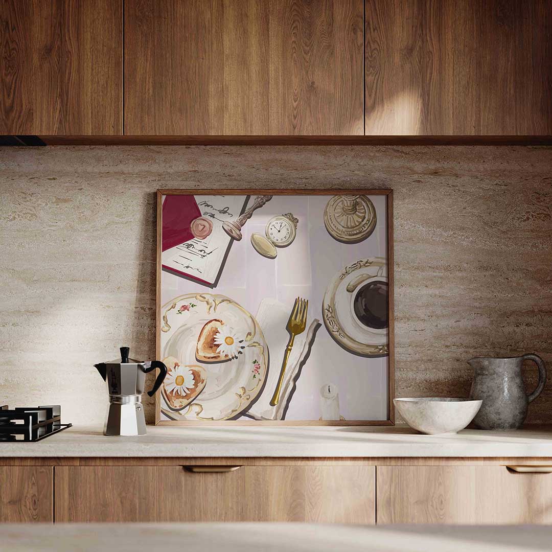 Ontbijt met bloemen – culinaire wandkunst als vierkante poster