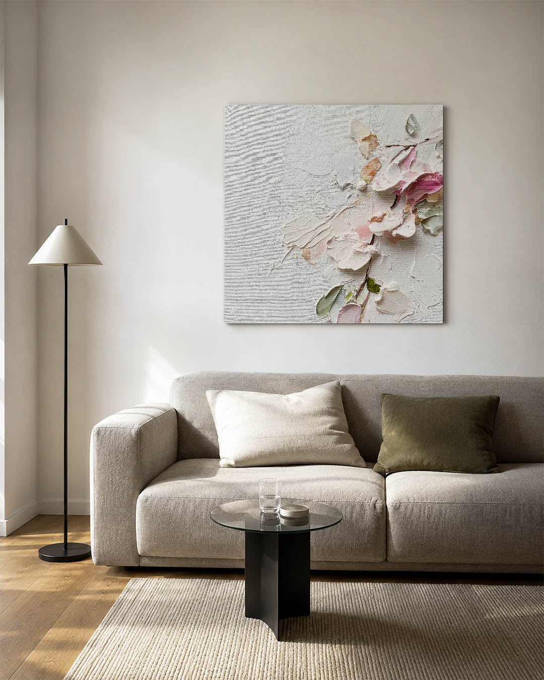 Bloemtextuur op doek kunstwerk – vierkante wanddecoratie – dit werk toont een subtiele compositie van bloemen in zachte
