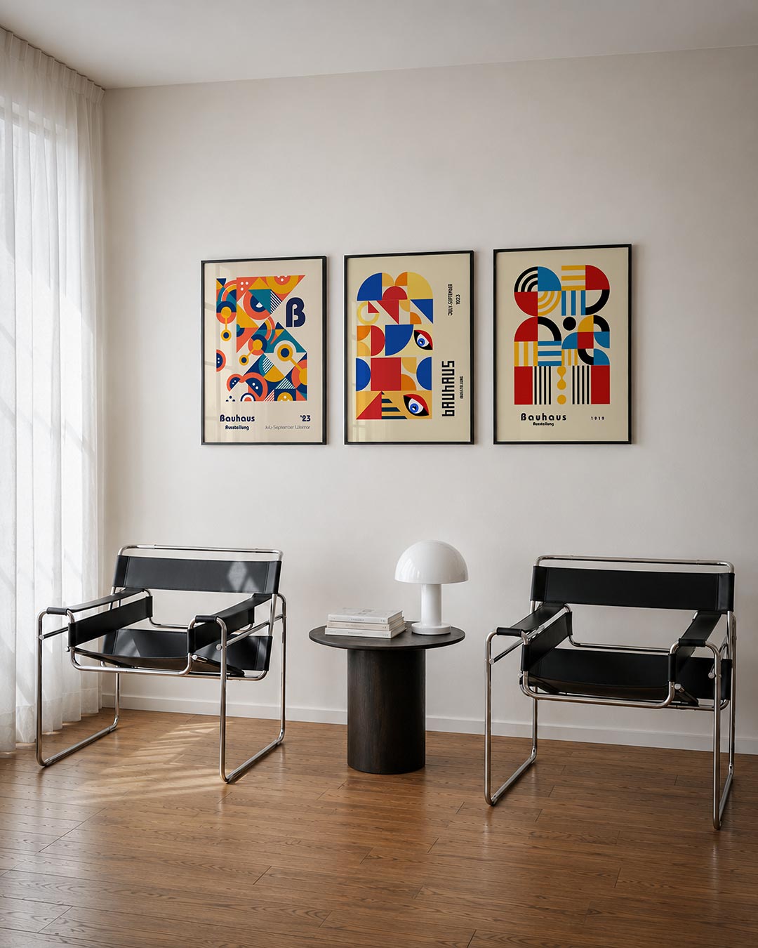 Vorm en kleurenspel driedelige posterset – deze posterset in drie delen toont een levendig spel van cirkels, driehoeken en