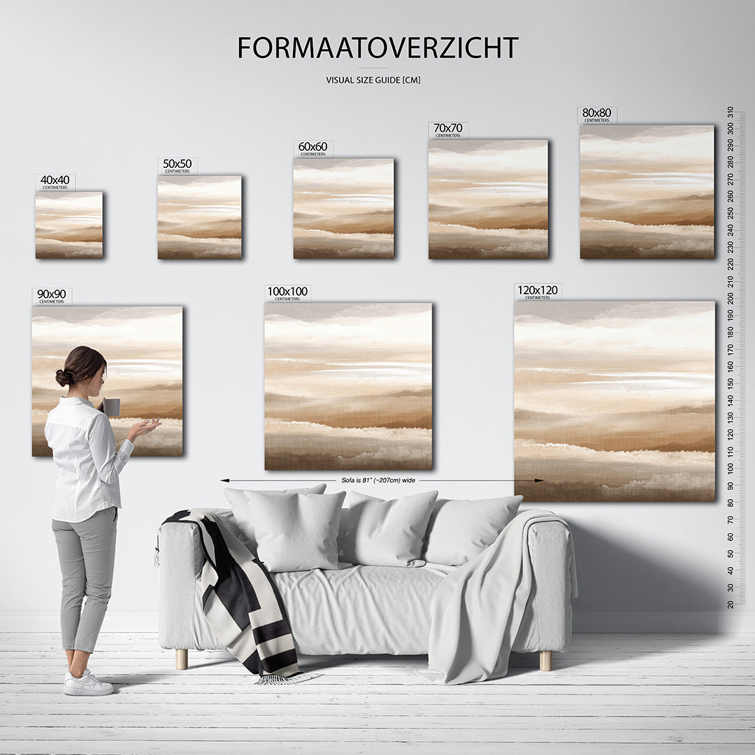 Zachte horizontale lijnen kunstwerk – materiaalweergave – dit werk toont vloeiende horizontale lijnen in zachte beige en