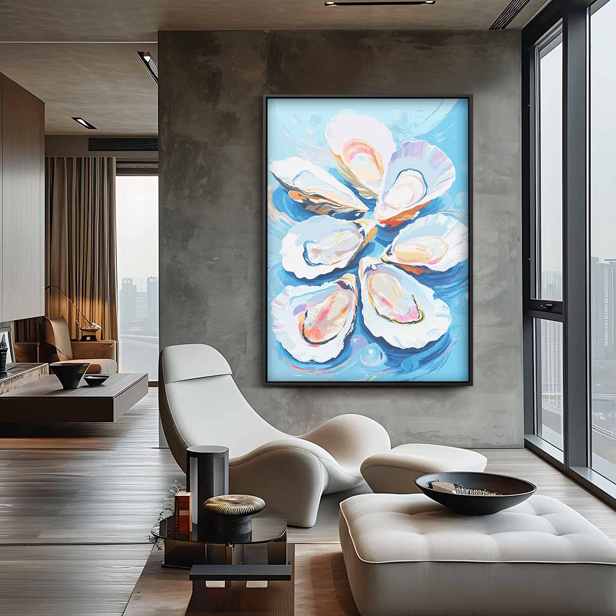 Vrolijke Oesters op Zee – plexiglas kunstwerk als wanddecoratie