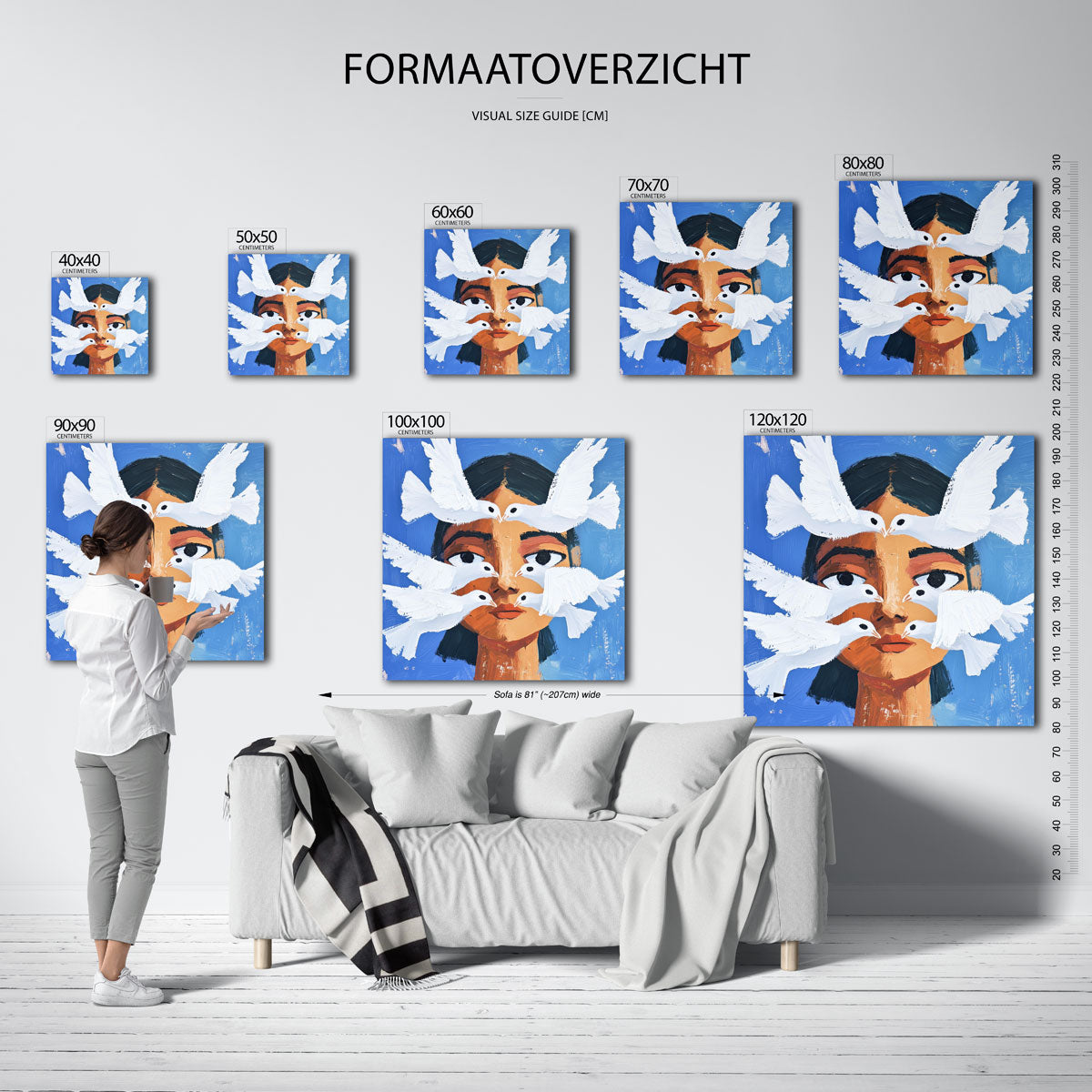 Vrouw met witte duiven – vierkante muurposter voor een modern interieur