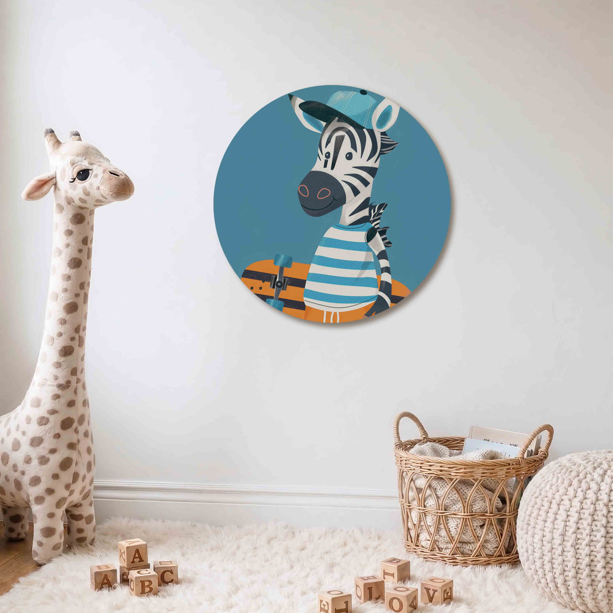 Zebra met skateboard Muurcirkel – Een zebra met blauw-wit gestreept shirt en oranje skateboard.