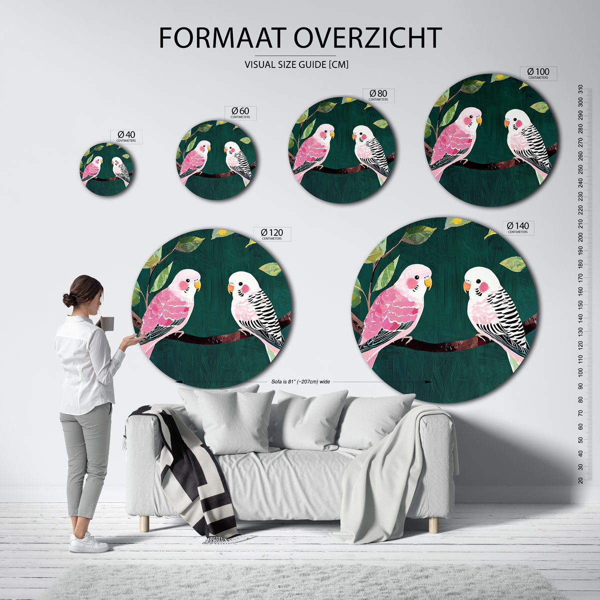 Papegaaien op tak – ronde muurcirkel met kleurrijke illustratie
