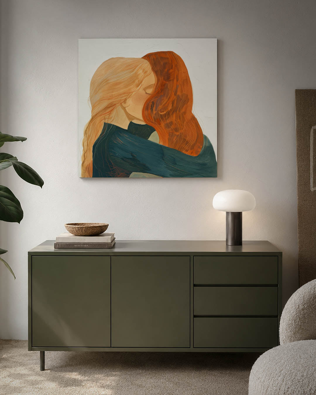 Intieme omhelzing kunstwerk – detailweergave – dit kunstwerk toont een warme omhelzing tussen twee figuren met vloeiende