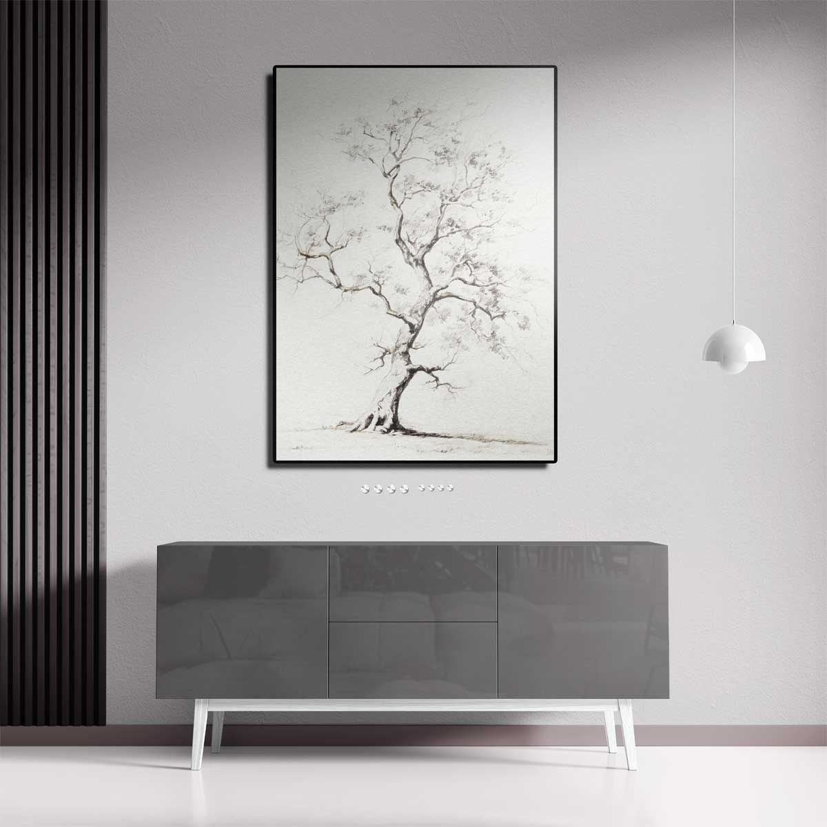 Elegante Boomtekening in Zwart-Wit – staande wandkunst voor woonkamer of interieur