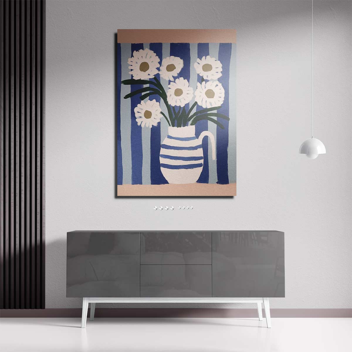 Bloemen in Blauwe Strepen – portret kunstwerk als wanddecoratie, afbeelding 18