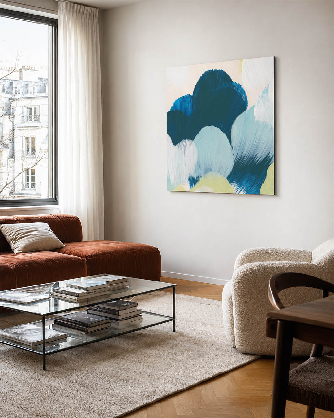 Kleurrijke borstelvegen kunstwerk – vierkante wanddecoratie – dit werk toont een dynamisch spel van borstelvegen in blauw