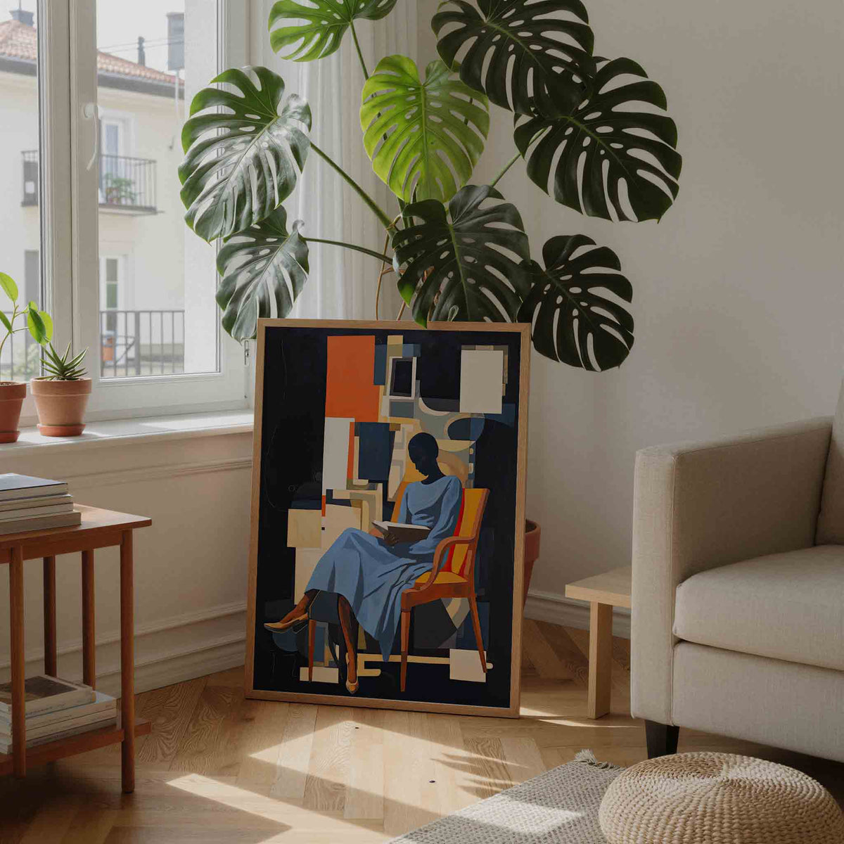 Lezende vrouw in stoel – staande botanische wanddecoratie van WallArtistic