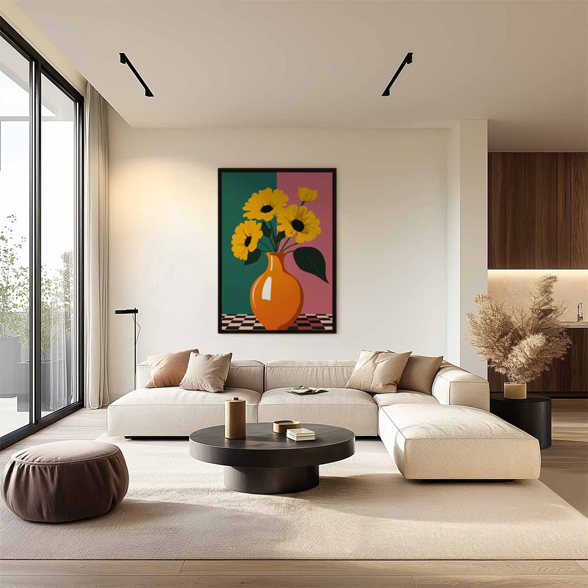 Zonnige Bloemen in Vaas – staand kunstwerk voor modern interieur