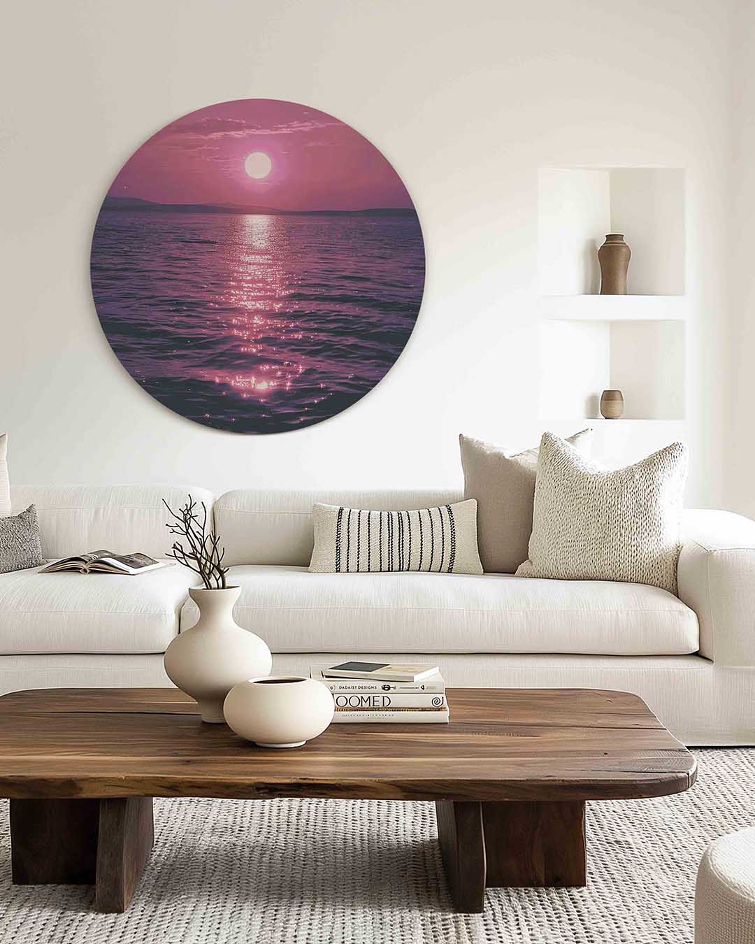 Zonsondergang over zee – muurcirkel met kleur en vormen voor aan de muur