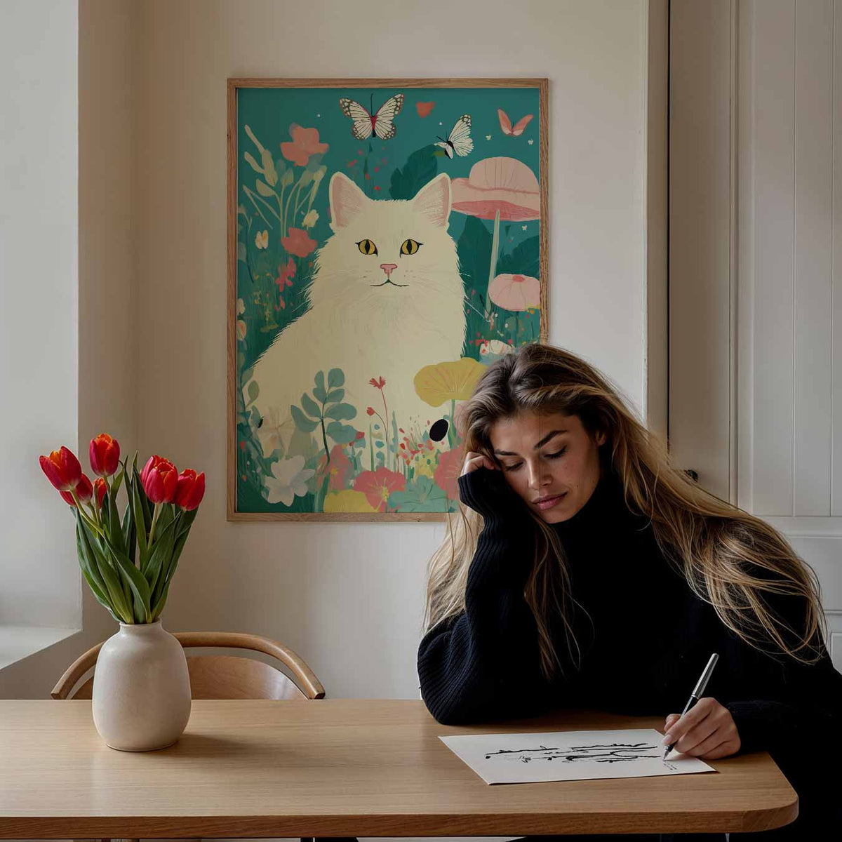Dromerige Kat in Bloementuin – staande dieren wanddecoratie van WallArtistic