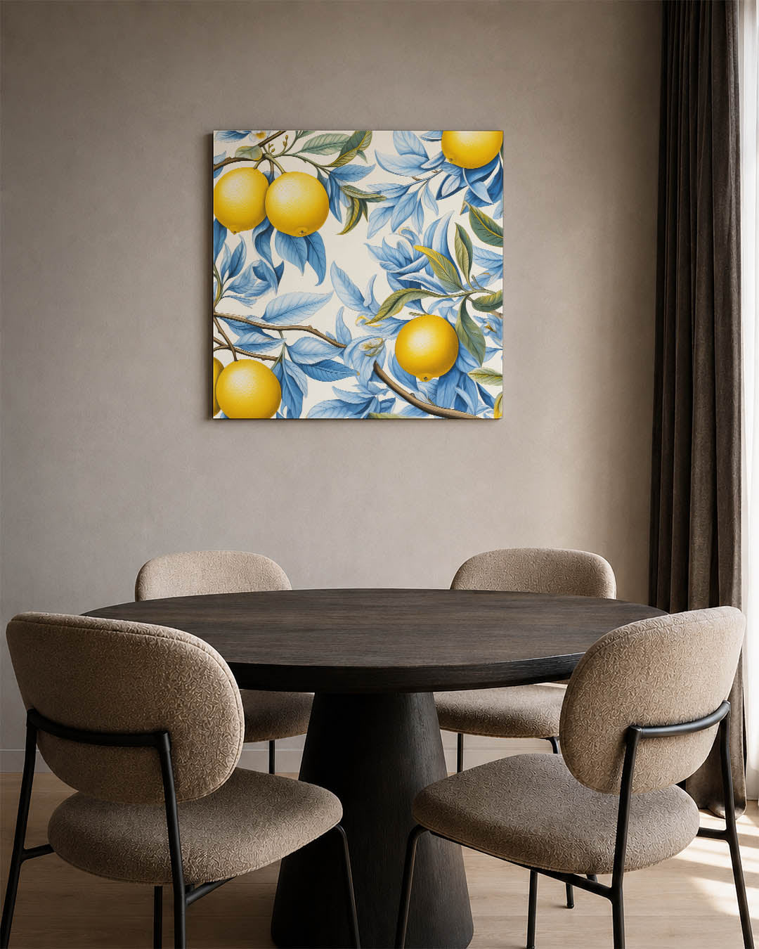 Citrus en bladeren kunstwerk – vierkante wanddecoratie – dit werk toont levendige gele citrusvruchten te midden van sierlijke
