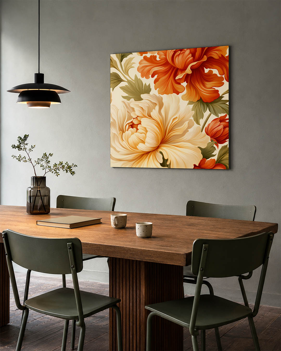 Bloemrijke compositie kunstwerk – tweede productweergave – dit kunstwerk toont weelderige bloemen in warme tinten. De