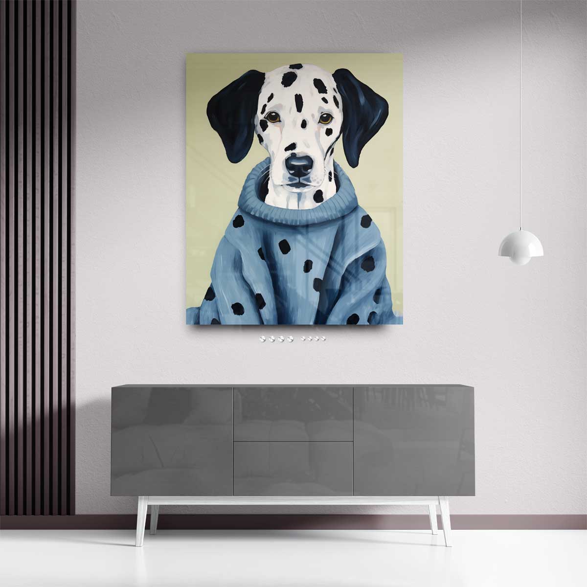 Stijlvolle Dalmatiër in Blauwe Trui – plexiglas kunstwerk als wanddecoratie