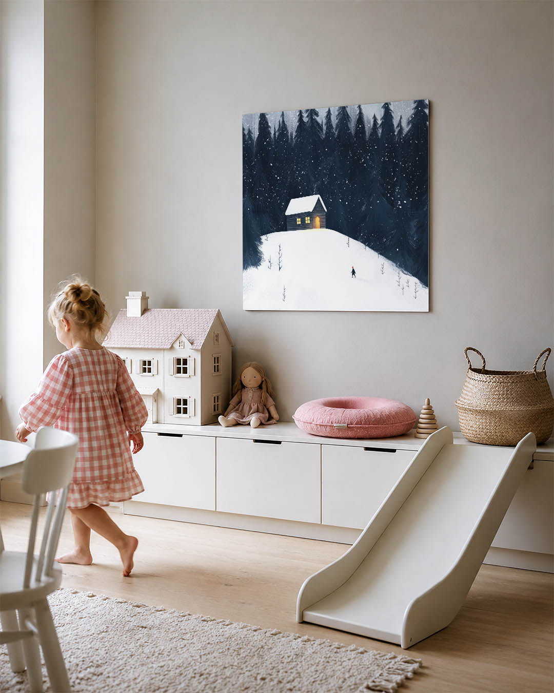 Winterlandschap met huis kunstwerk – tweede productweergave – een winterlandschap met een eenzaam huisje op een besneeuwde