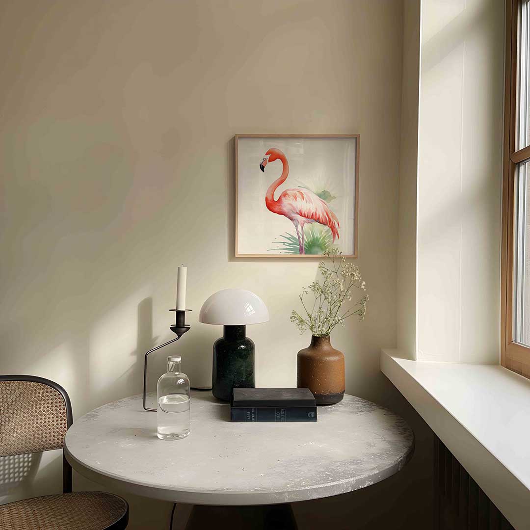Flamingo met groene accenten – tropische poster in vierkant formaat