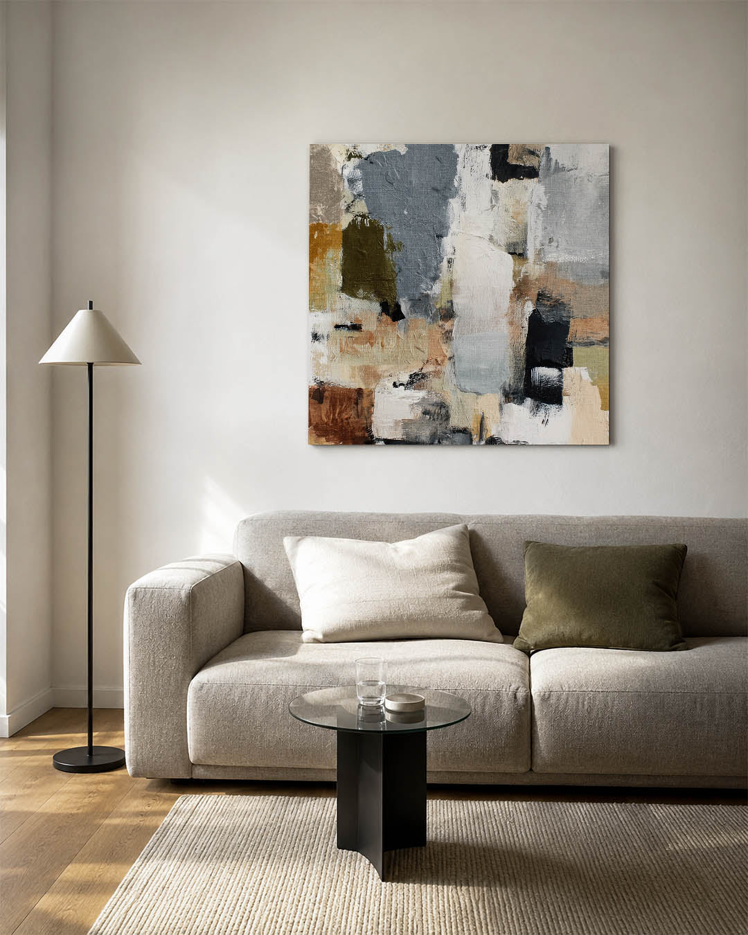 Gelaagde kleurencompositie kunstwerk – vierkante wanddecoratie – dit werk toont een dynamische mix van overlappende vormen en