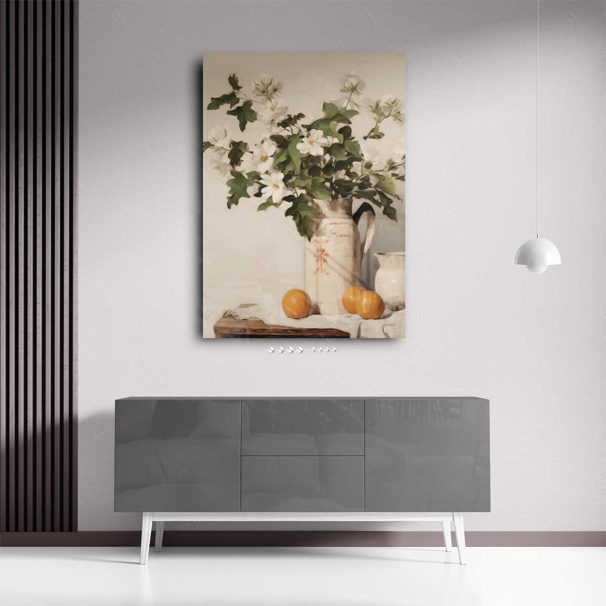 Bloemen en Sinaasappels in Aardewerken Kan – staand kunstwerk voor modern interieur