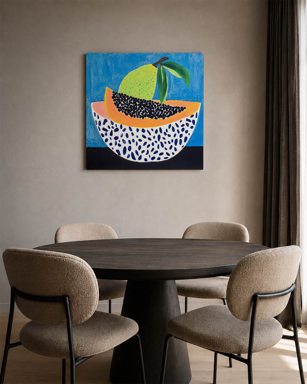 Fruit en patronen kunstwerk – derde productweergave – dit werk toont een kleurrijke compositie van fruit met levendige