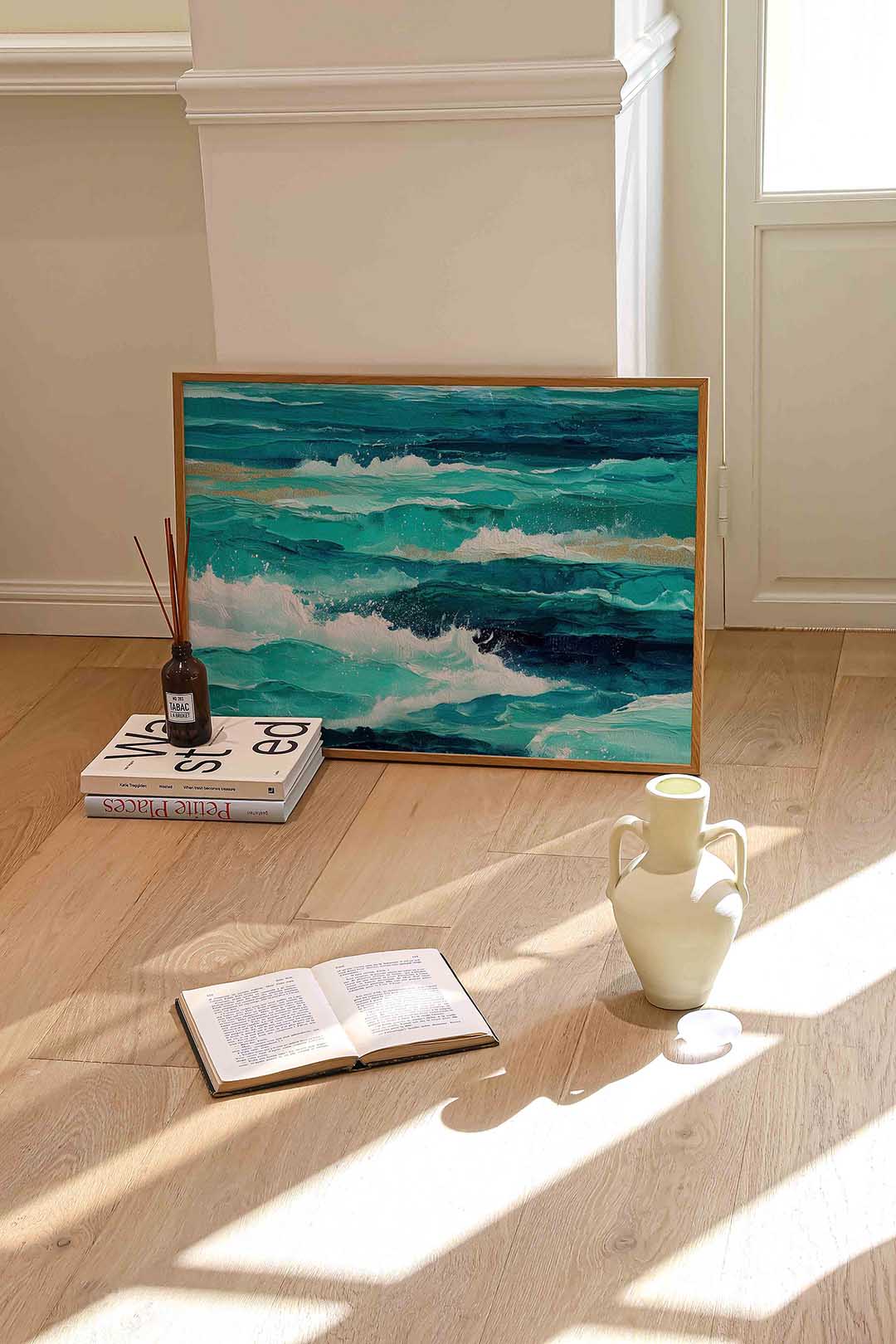 Golven in blauw – liggende abstracte wanddecoratie van WallArtistic