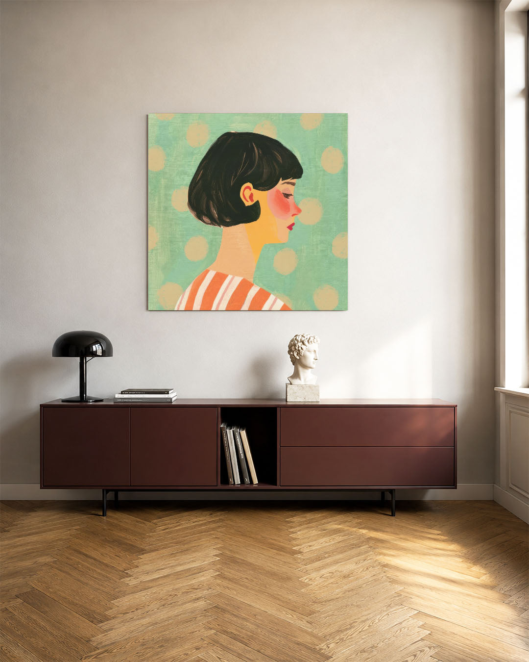 Portret zijaanzicht kunstwerk – tweede productweergave – dit werk toont een zijaanzicht van een vrouw met kort zwart haar