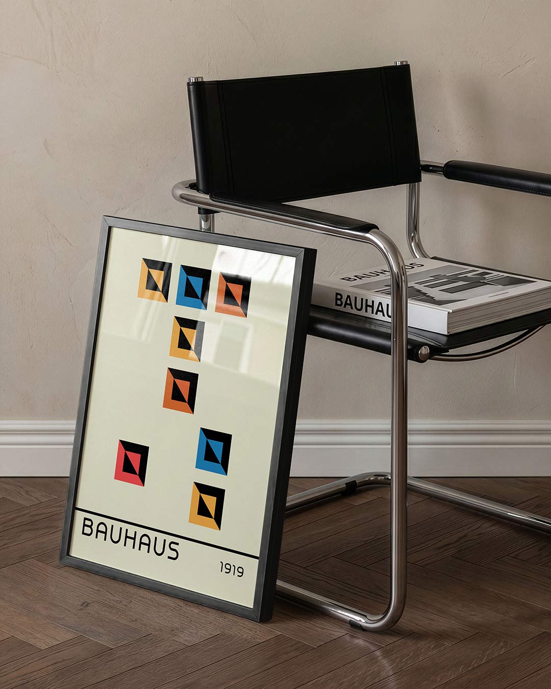 Kleurvlakken en lijnen – staande Bauhaus poster voor aan de muur