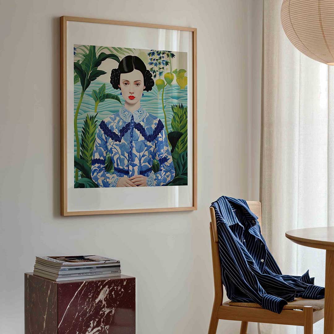Vrouw in blauwe blouse – kleurrijke illustratie poster in staand formaat