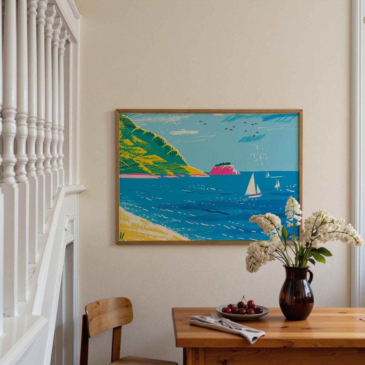 Zeilboten en kust – moderne poster in liggend formaat