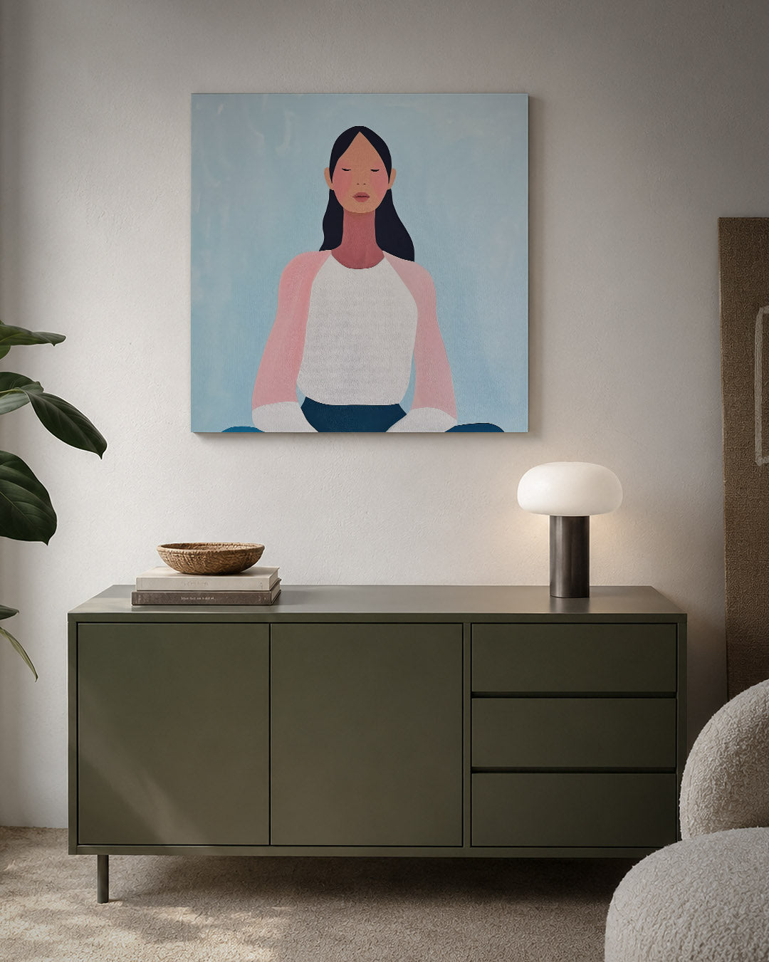 Meditatieve vrouw kunstwerk – detailweergave – dit kunstwerk toont een vrouw in meditatie, met zachte kleuren en een serene