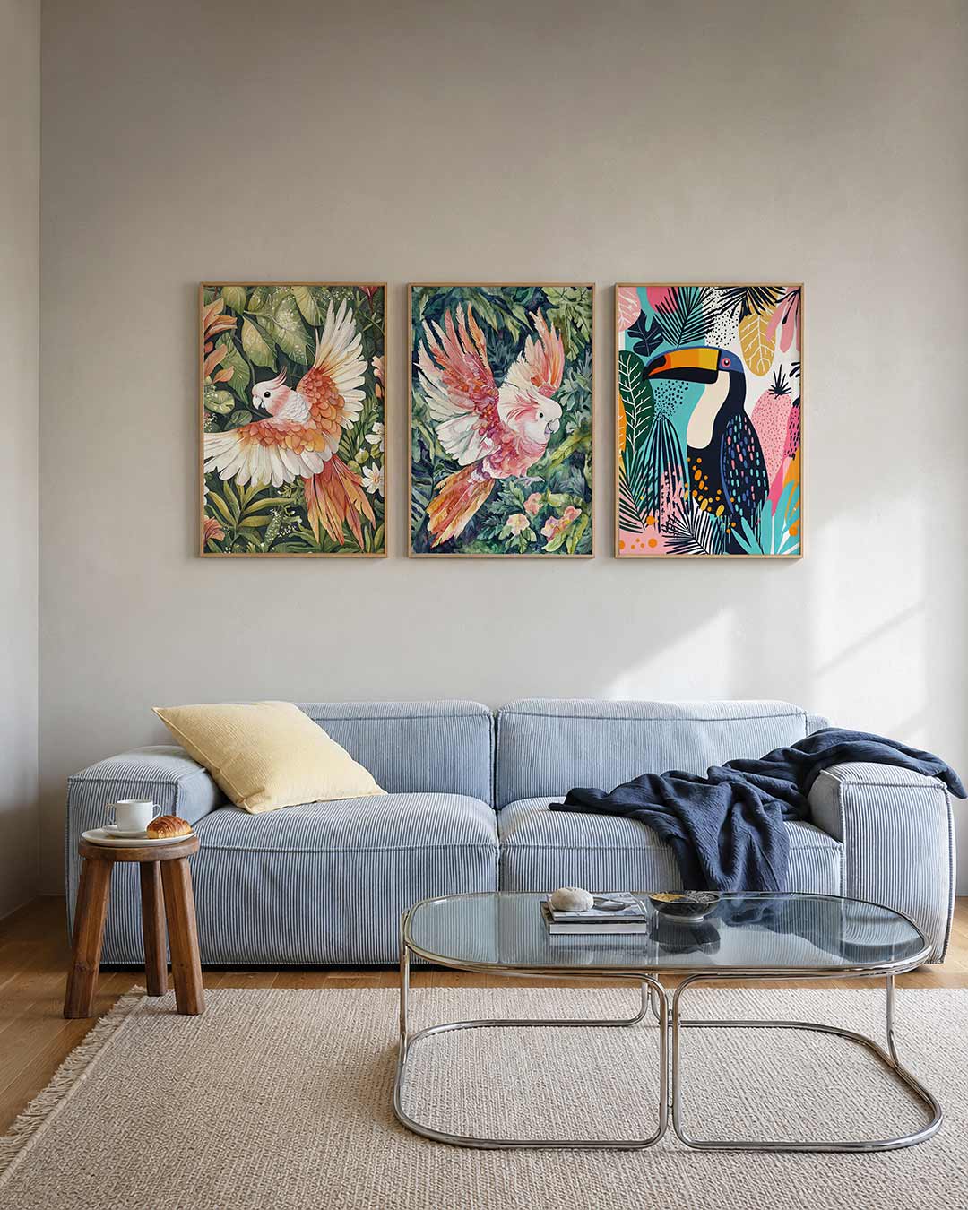 Vleugels en bladeren posterset – tweede productweergave – een kleurrijke vogel met oranje en witte veren vliegt