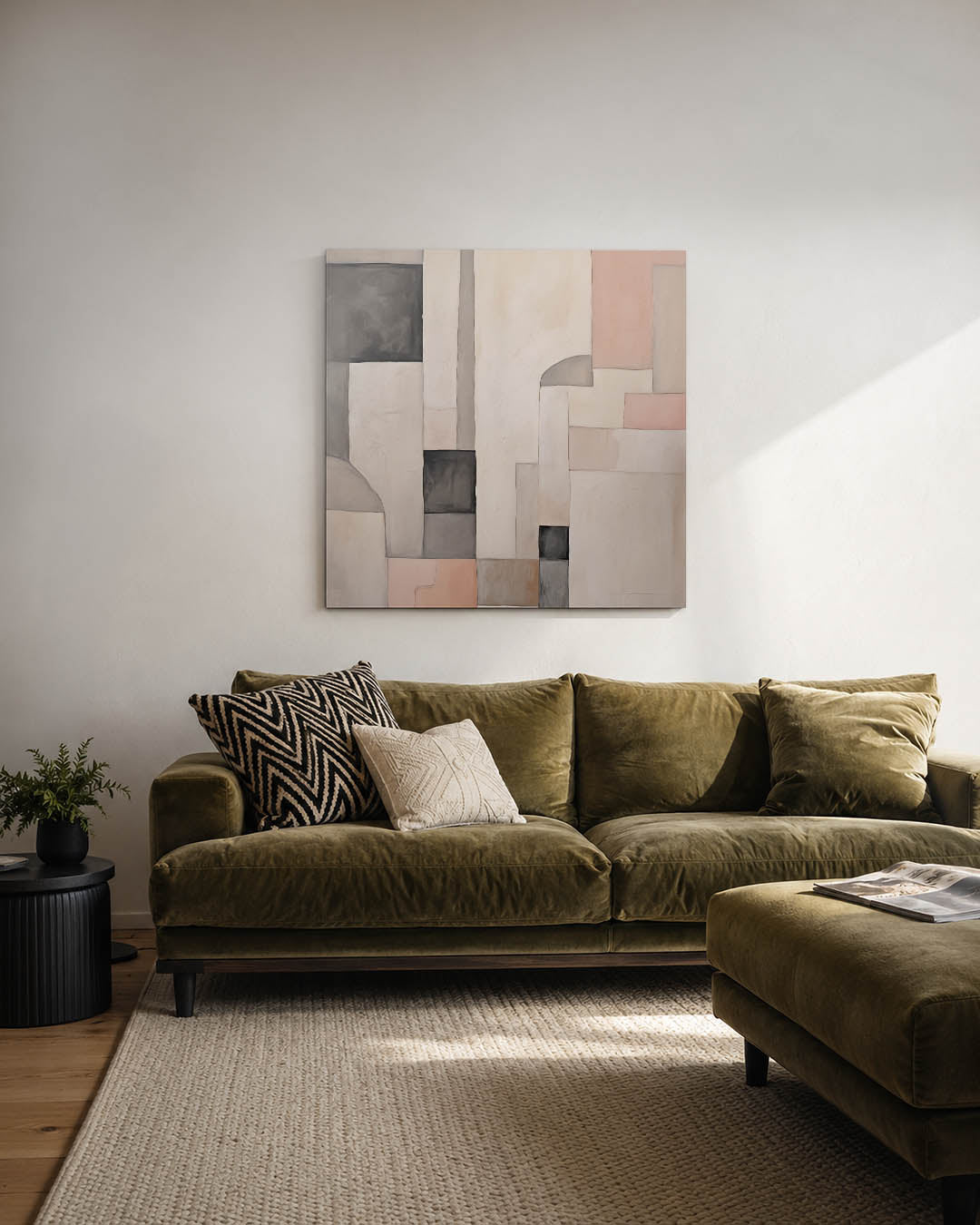 Geometrische vormen kunstwerk – derde productweergave – dit werk toont een compositie van rechthoeken en vierkanten in zachte