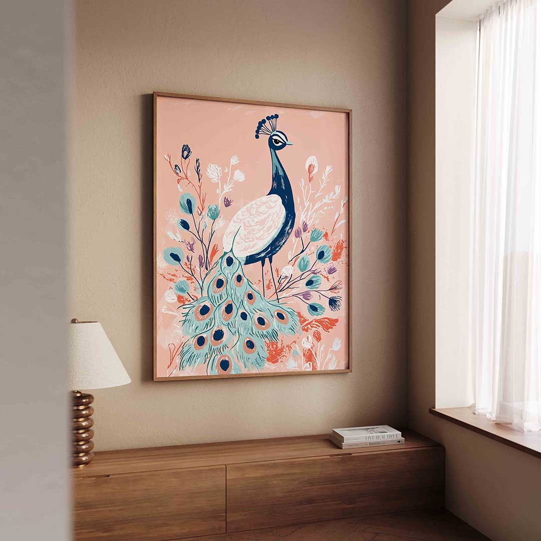 Pauw met bloemen – dierenillustratie als portret poster