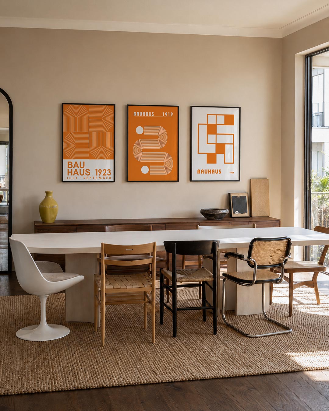 Oranje lijnenspel posterset – tweede productweergave – deze posterset in drie delen toont een dynamisch lijnenspel met