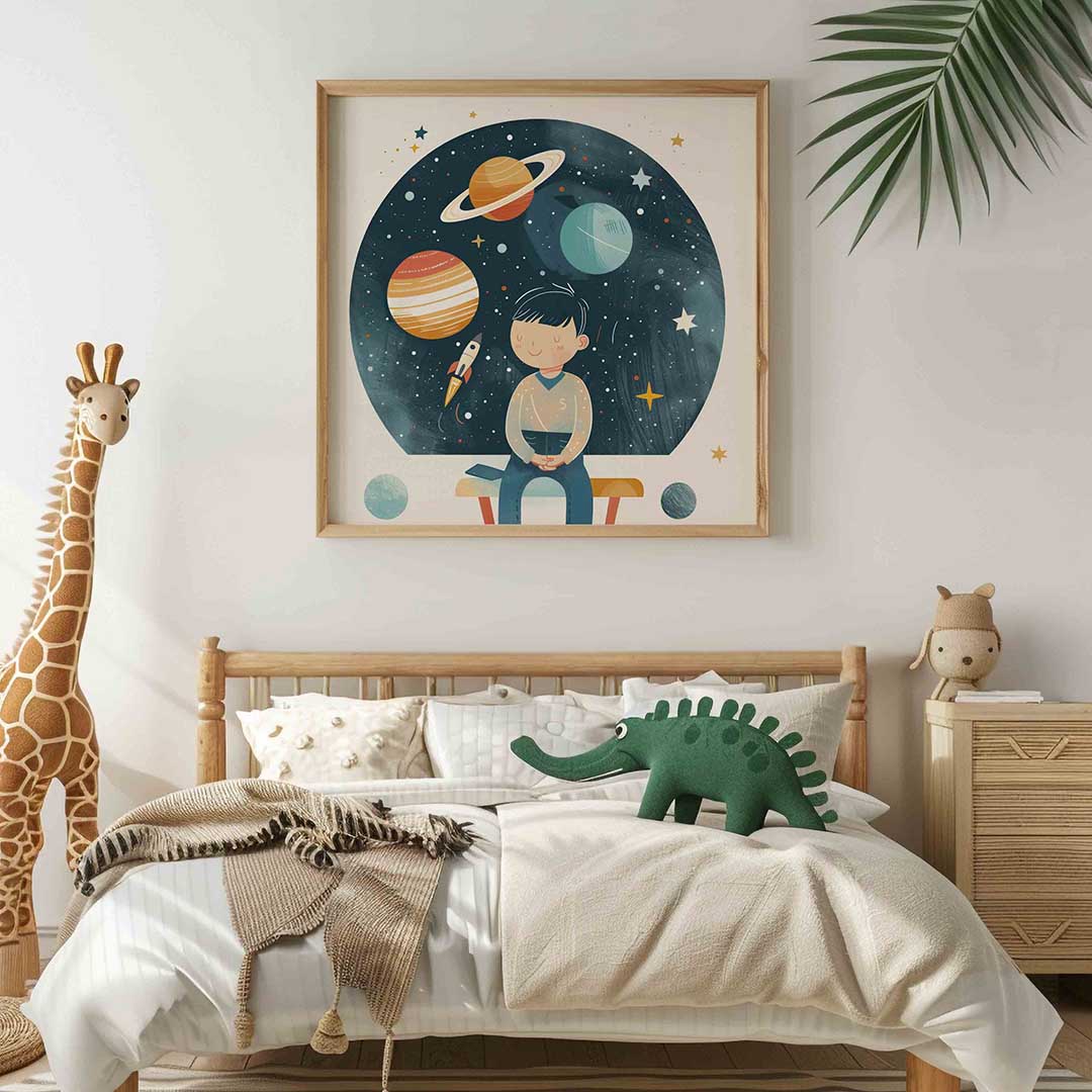Kind met planeten – vierkante kinderkamer wanddecoratie van WallArtistic