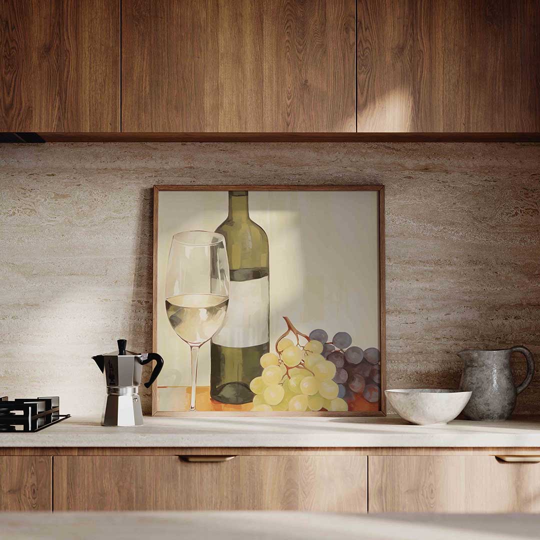 Wijnfles en druiven – culinaire wandkunst als vierkante poster