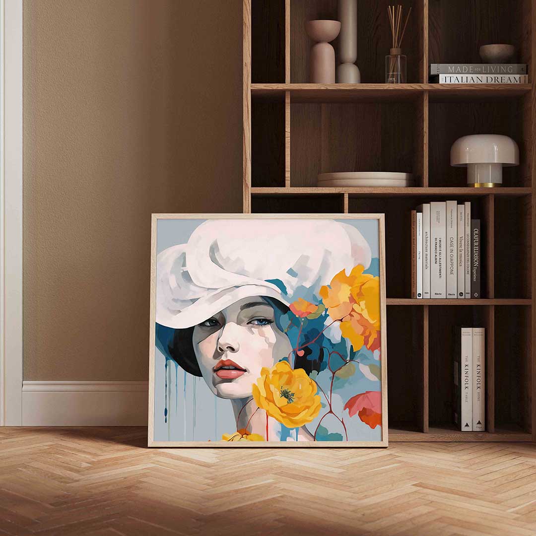 Vrouw met hoed en bloemen – portret poster in vierkant formaat