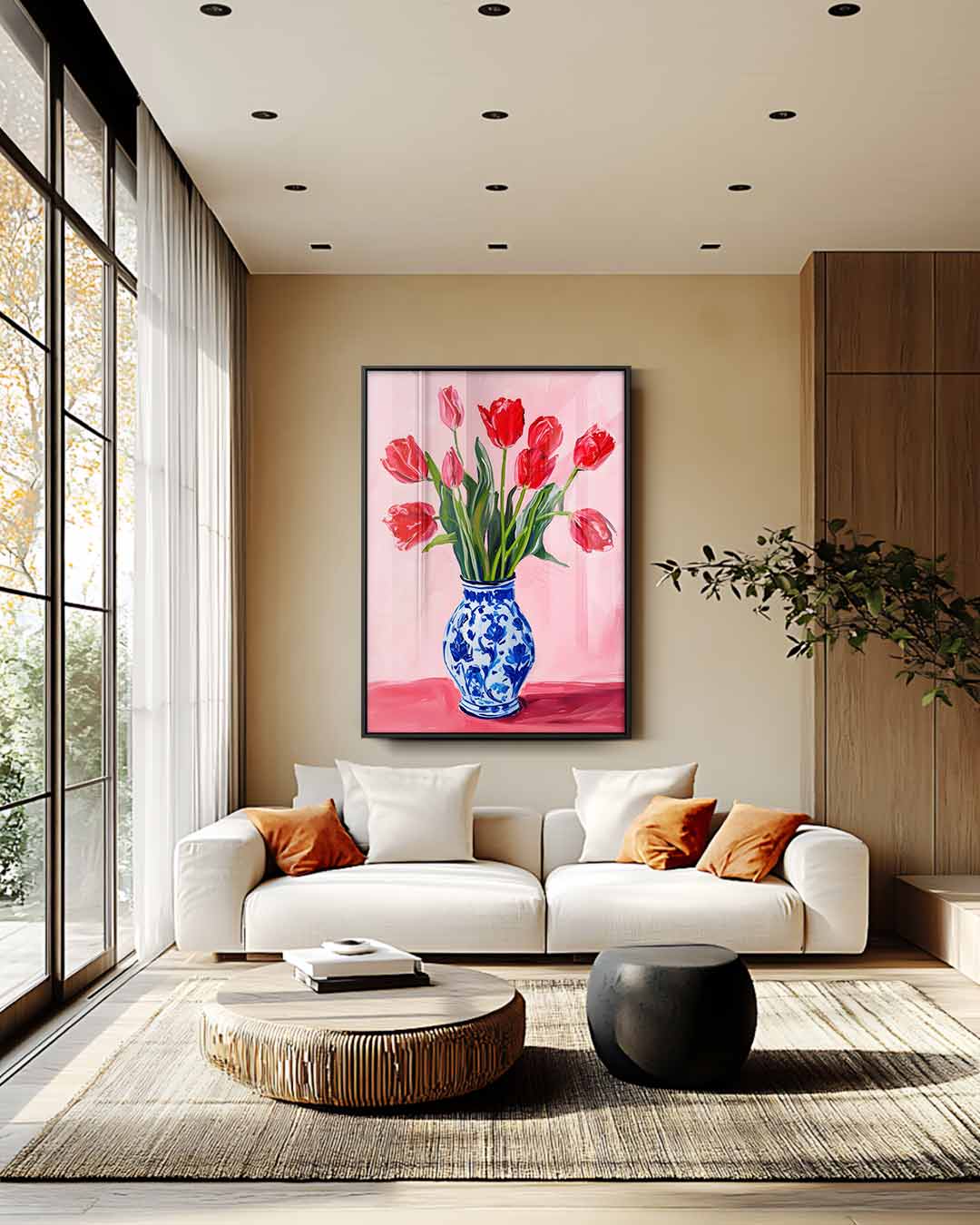 Vrolijke Tulpen in Delfts Blauw – plexiglas wanddecoratie in portret formaat