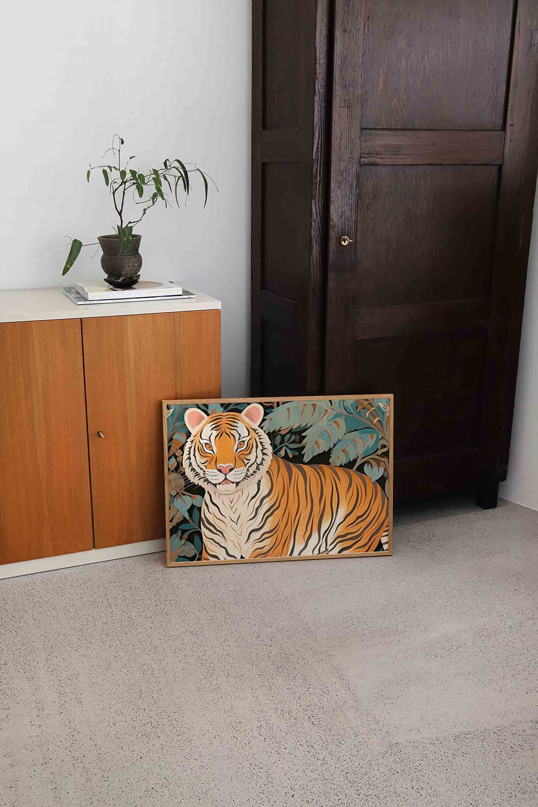 Tijger met bladeren – dierenillustratie als landscape poster