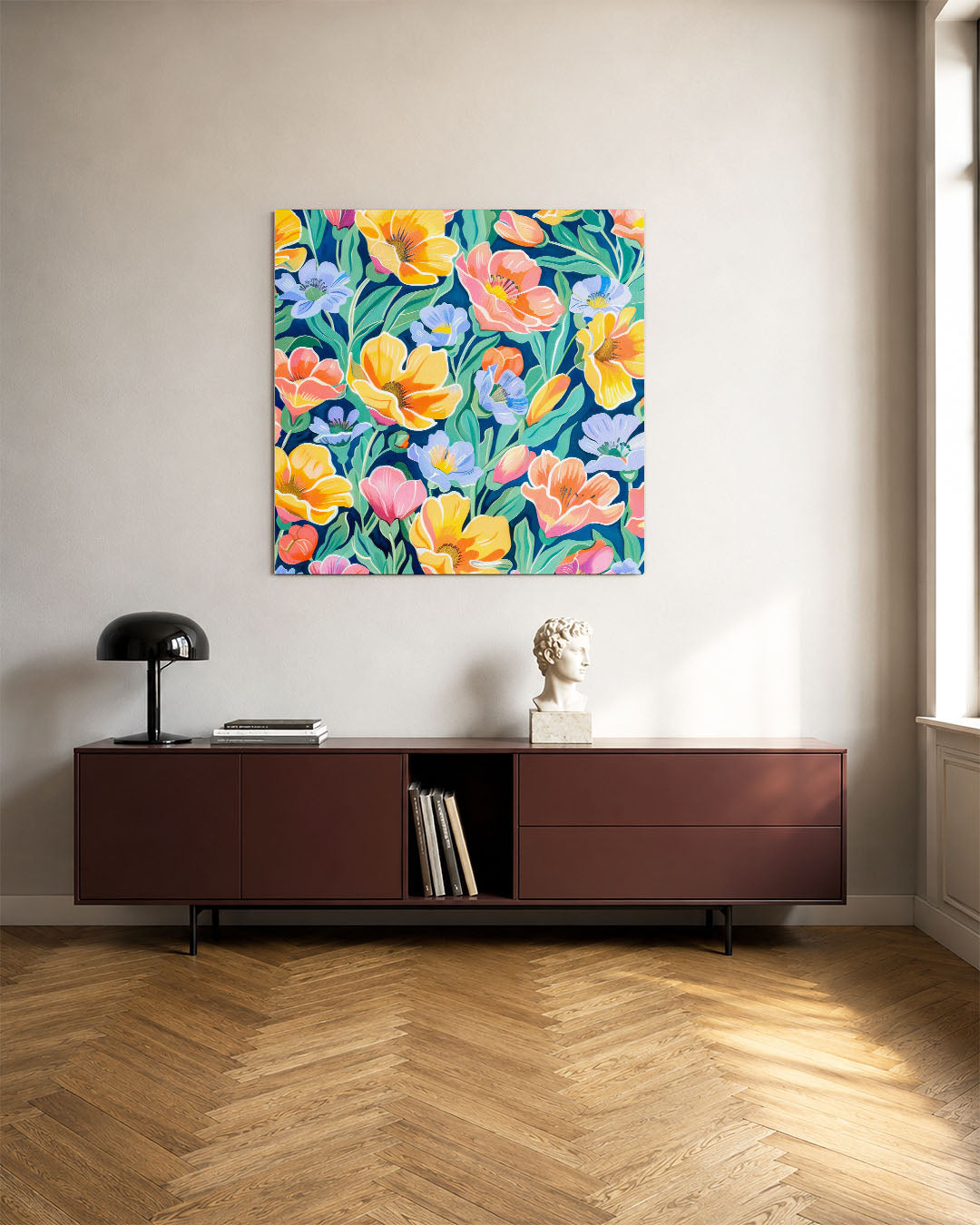 Bloemenexplosie kunstwerk – tweede productweergave – dit werk toont een levendige compositie van kleurrijke bloemen tegen een