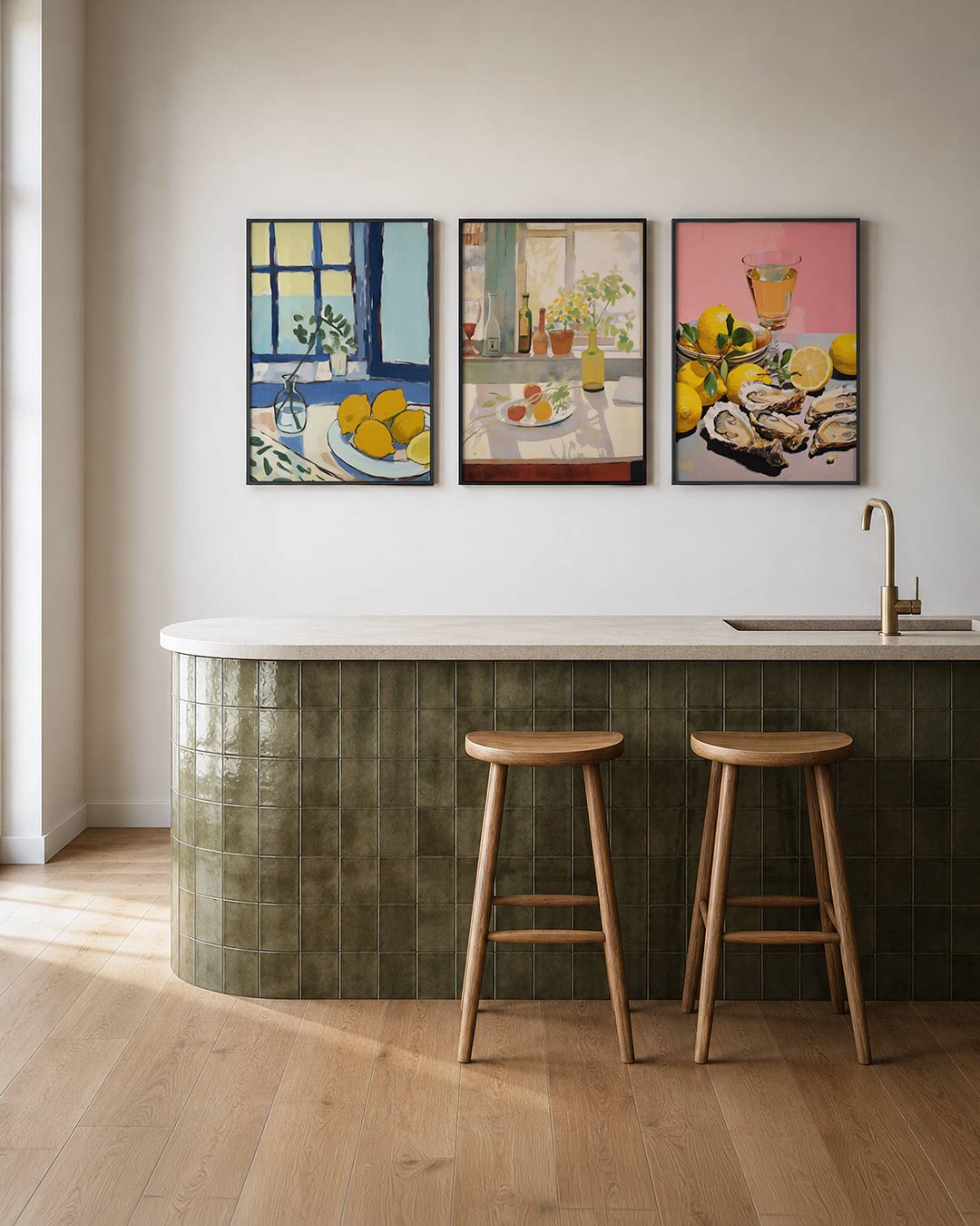 Citroenvenster posterset – tweede productweergave – heldere citroenen op een tafel voor een raam