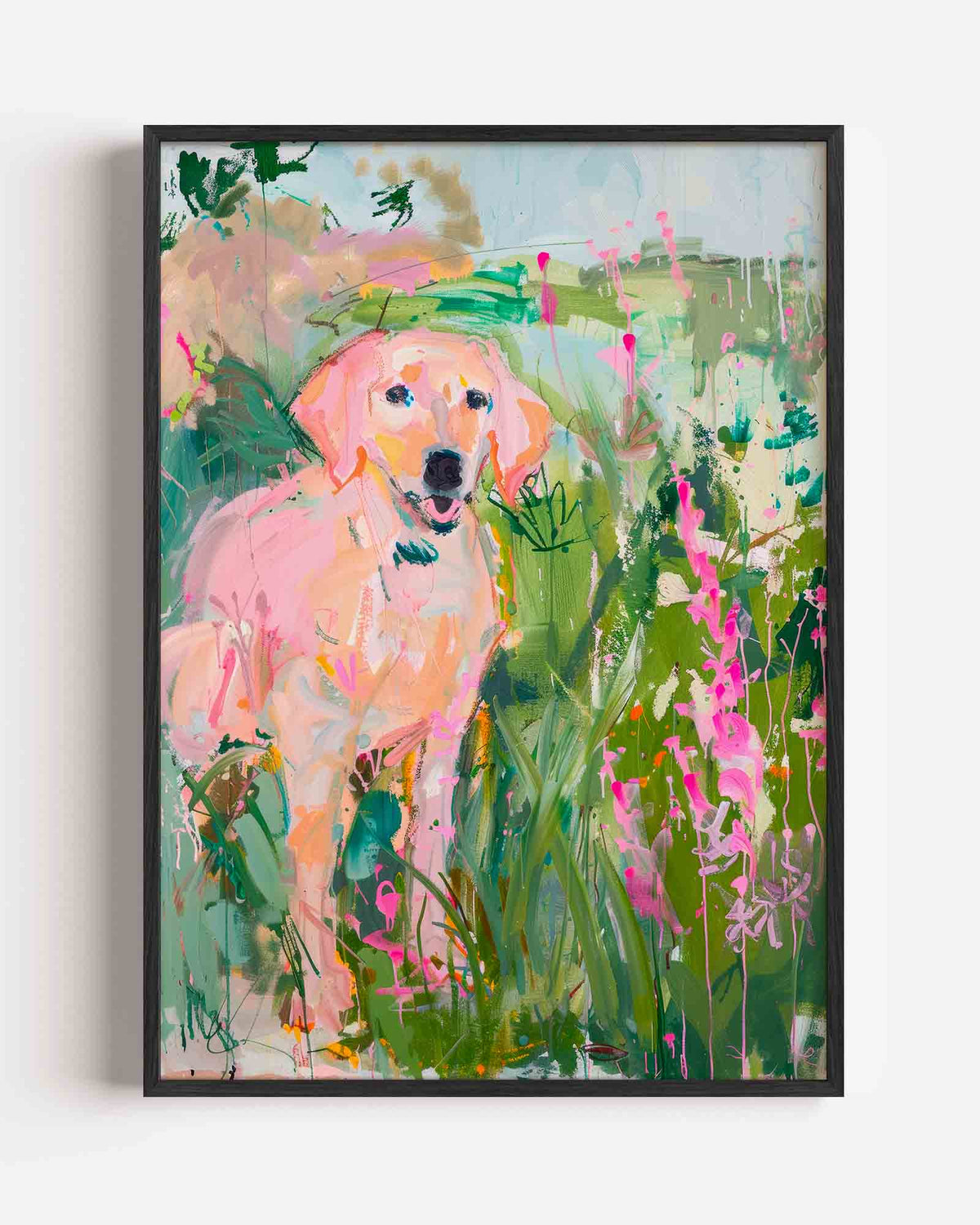 Hond in kleurrijke bloemen – Kunst & Design poster als staande wanddecoratie