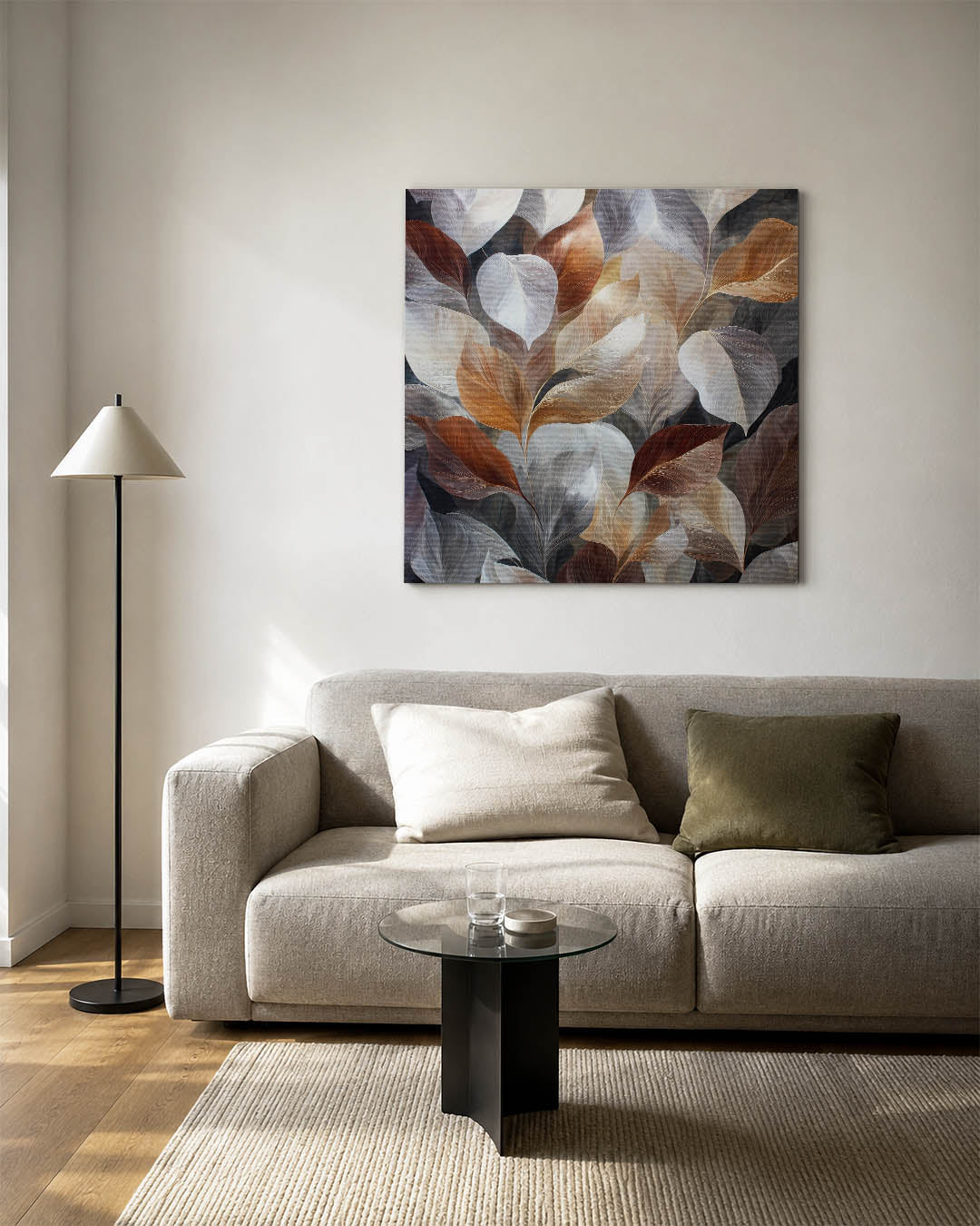 Organische bladvormen kunstwerk – vierkante wanddecoratie – dit kunstwerk toont een verzameling bladeren in zachte, vloeiende