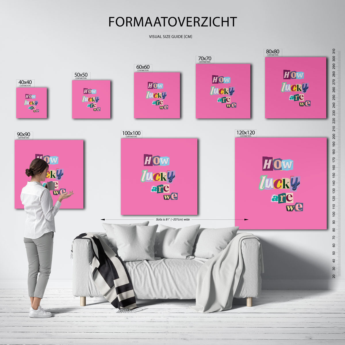 How lucky are we – kleurrijke vierkante muurposter in Pop Art stijl
