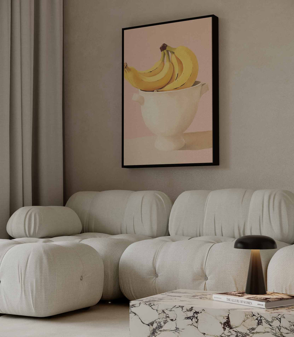 Bananen in een Witte Kom op Roze Achtergrond – staande wandkunst voor woonkamer of interieur