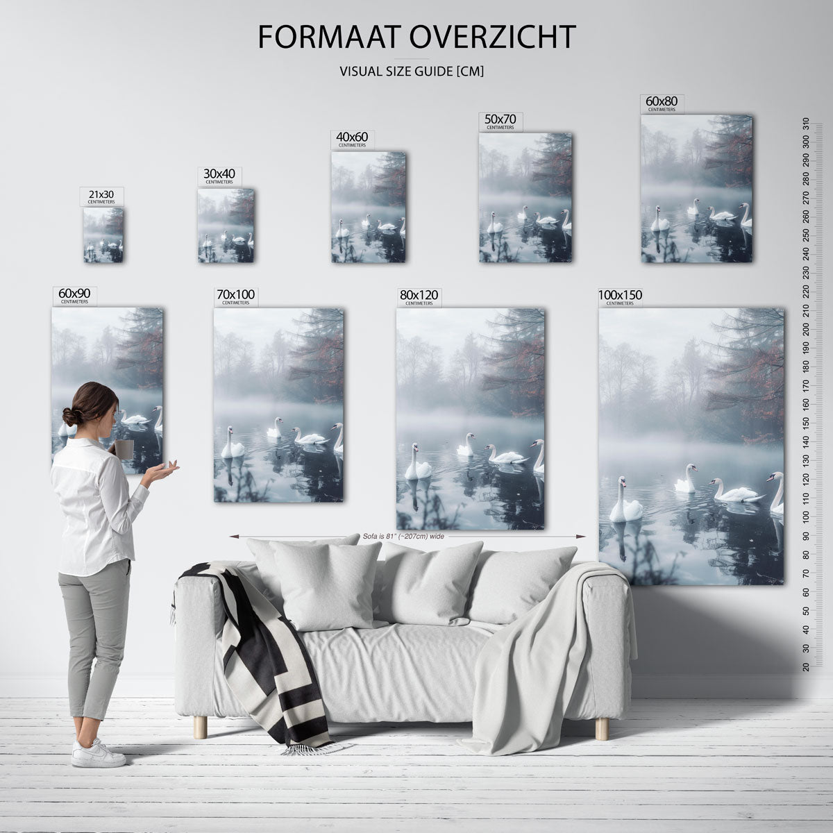 Zwanen in mistige vijver – staande muurposter met kleurrijke abstracte vormen
