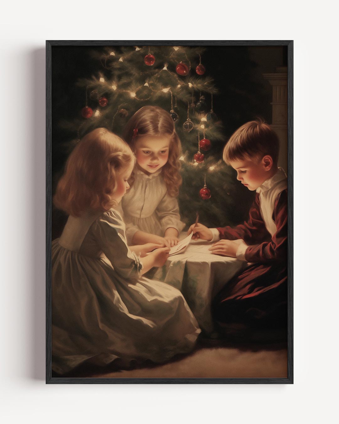Kerstkinderen bij boom – kerst portret poster als wanddecoratie