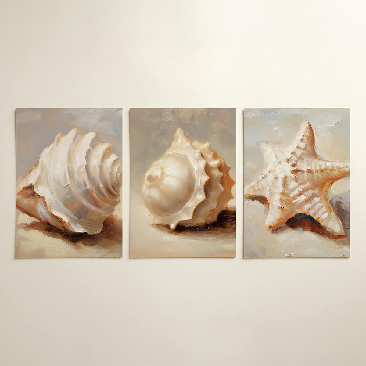 Schelptextuur – driedelige posterset in interieur